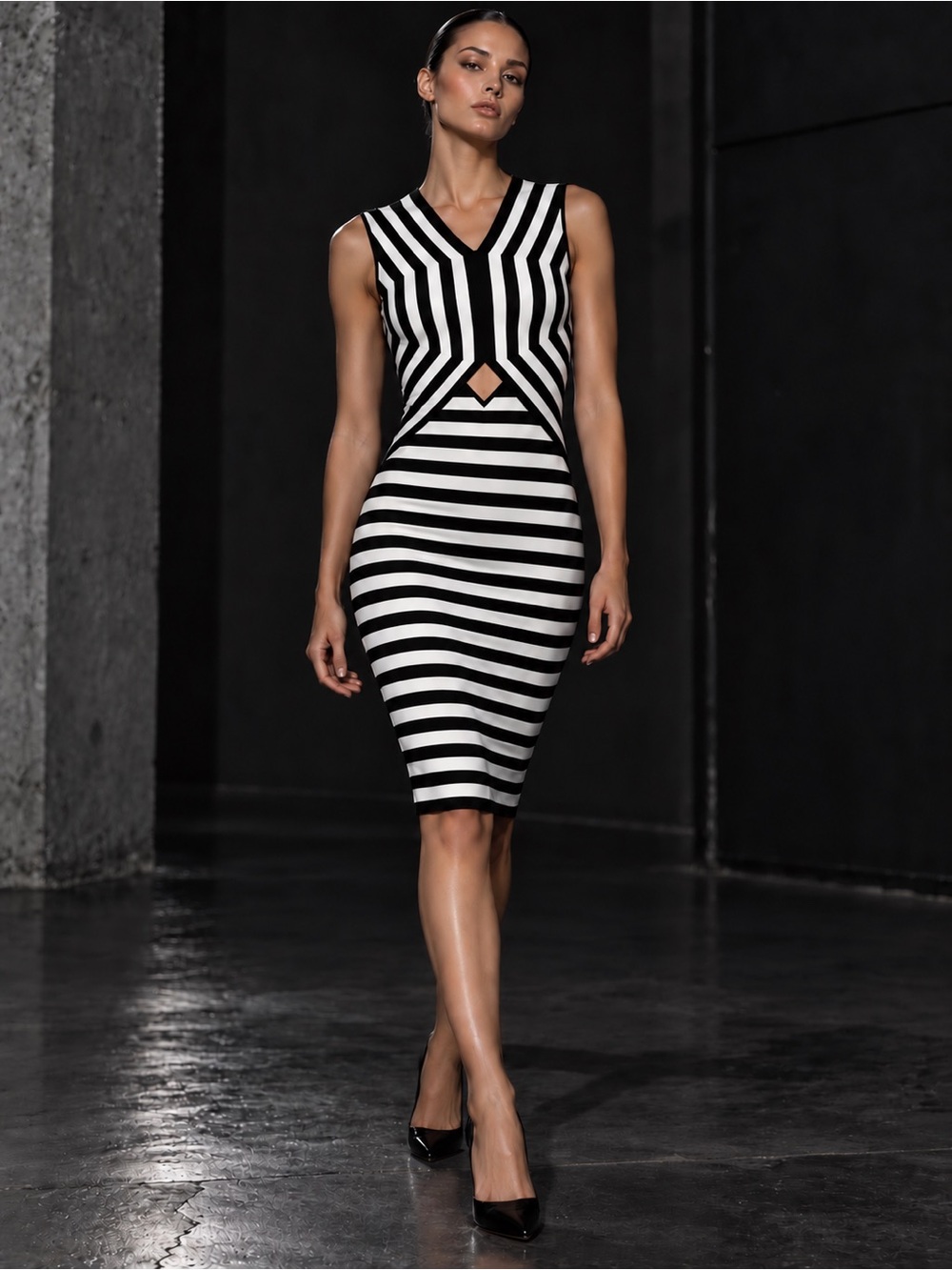 🌺Alexander Wang Black & White Striped V-Neck Midi Dress